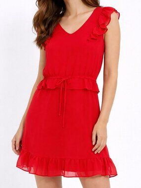 Emma & Michele Red Ruffle Chiffon Dress Small Flowy Festival Boho Retro Peasant